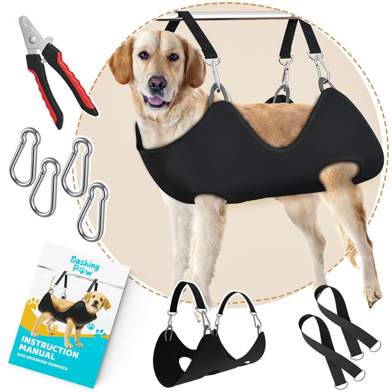 Dog Grooming Hammock – Sturdy & Safe Dog Hammock for Grooming with Durable Carabiner Clips & Straps – Soft, Comforting Dog Grooming Harness – Pet Grooming Hammock + Nail Trimmer for Large Dogs Large - Up to 65 Pound Black - PawsPlanet Australia