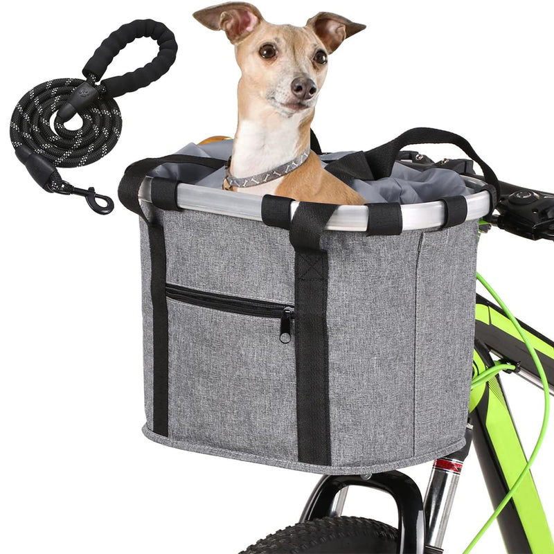 Detachable Bike Basket, Dog Cat Bicycle Handlebar Front Bag Pet Carrier with 5 FT Dog Leash for Cycling, Shopping, Picnic, and Outdoor (Gray) Gray - PawsPlanet Australia