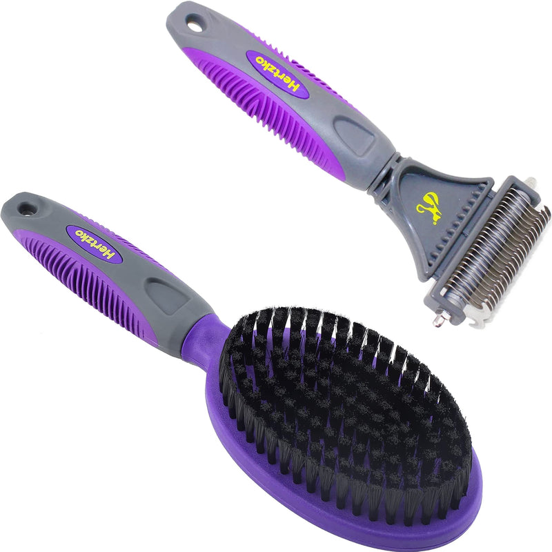 Hertzko Demat & Shine Bundle - Pet Brush - Purple - All Hair Types - Detangle, Undercoat Removal, Cleaning - Pet Owners (Dogs and Cats)