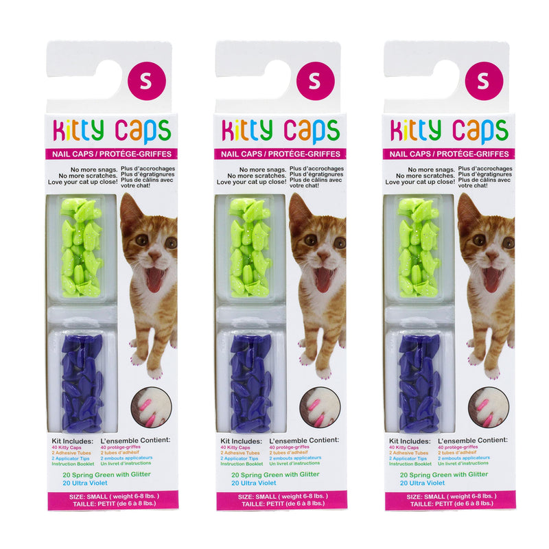 Kitty Caps Nail Caps for Cats Spring Green with Glitter & Ultra Violet, 40 Count, Large - 3 Pack Safe, Stylish & Humane Alternative to Declawing Stops Snags and Scratches FF9307PCS3 Small (6-8 lbs) - PawsPlanet Australia