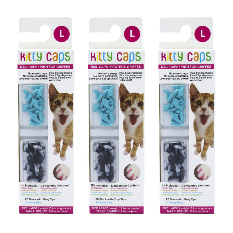 Kitty Caps Nail Caps for Cats Black with Gray Tips & Baby Blue, 40 Count - 3 Pack Safe, Stylish & Humane Alternative to Declawing Stops Snags and Scratches FF9325PCS3 Large (13 lbs or Greater) - PawsPlanet Australia