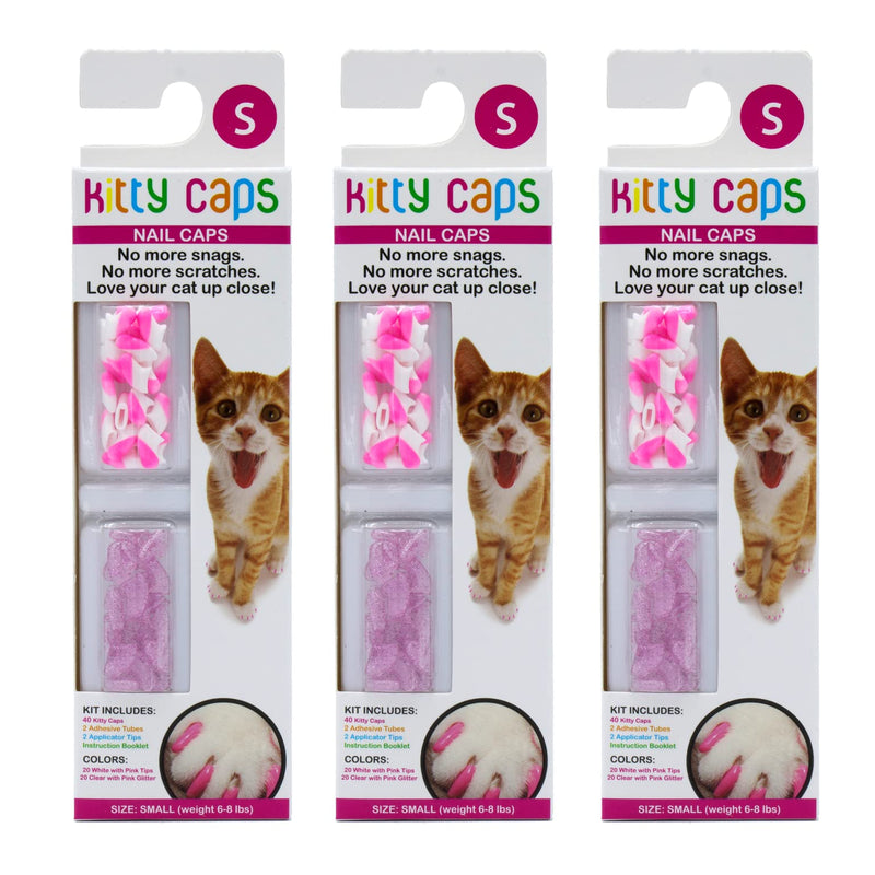Kitty Caps Nail Caps for Cats | White with Pink Tips & Clear with Pink Glitter, 40 Count, Small - 3 Pack | Safe, Stylish & Humane Alternative to Declawing | Stops Snags and Scratches, (FF9317PCS3) - PawsPlanet Australia