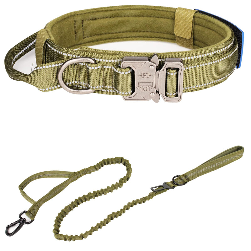 KCUCOP Tactical Dog Collar, Heavy Duty Dog Collar with Handle and Metal Buckle, Military Thick Dog Collars for Medium and Large Dogs(Green-Reflective Set-L, 1 Patch) SET Reflective GREEN L - PawsPlanet Australia