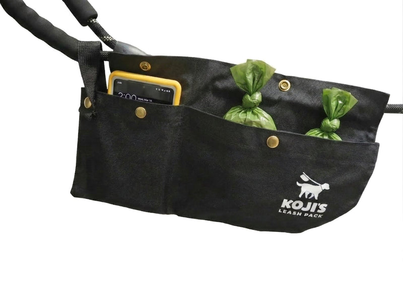 Koji's Leash Pack with Buttons | Hands-Free Dog Waste Carrier & Organizer | Anti-Swing Hammock Pouch for Used Poop Bags, Phone, & Keys | Secure Attachment for Running, Hiking & Walking (Made in USA) Black - PawsPlanet Australia