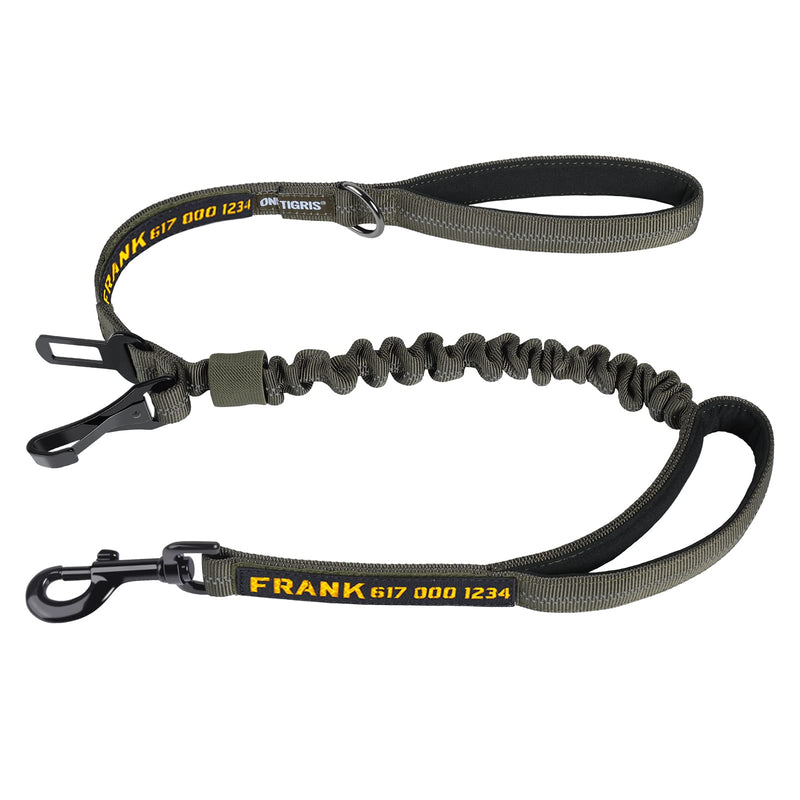OneTigris 3-in-1 Tactical Dog Leash Heavy Duty for Medium Large Dogs, Car Safety Seatbelt Leash, Nylon Reflective Bungee Dog Lead with Clip Hook Latch & Buckle, Swivel Zinc Alloy Carabiner Green