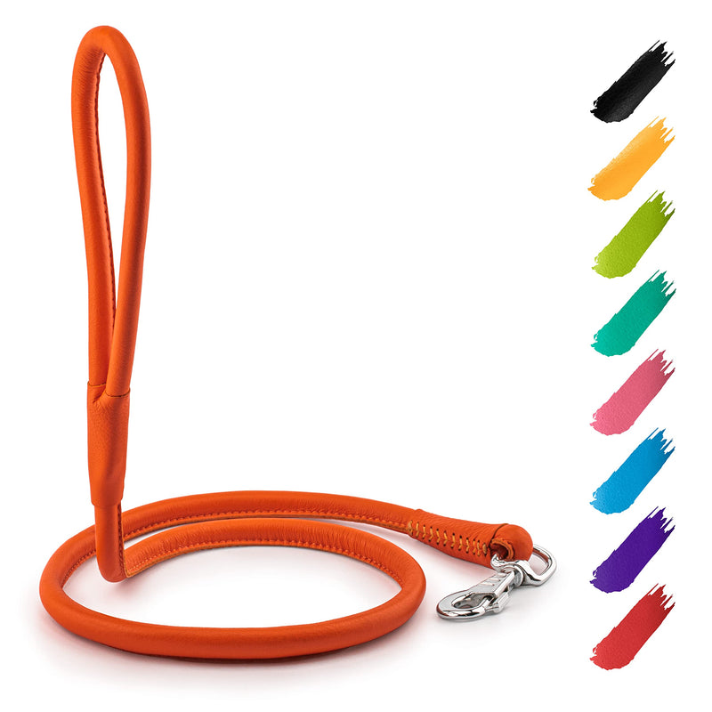 WAUDOG Rolled Leather Dog Leash 4Ft * 0.3 in for Small Medium and Large Dogs - Heavy Duty Leather Puppy Leash for Outdoor Walking Running Training - Strong Dog Leashes for Large Breed Dogs (Orange) Orange - PawsPlanet Australia