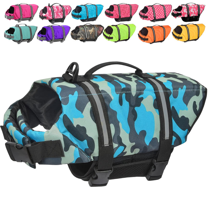 Doglay Dog Life Jacket, Dog Life Vest for Swimming Boating, Adjustable Puppy Life Jacket with Reflective Stripes, Superior Buoyancy Dog Swimming Vest for Small Medium and Large Dogs X-Large Blue Camo - PawsPlanet Australia