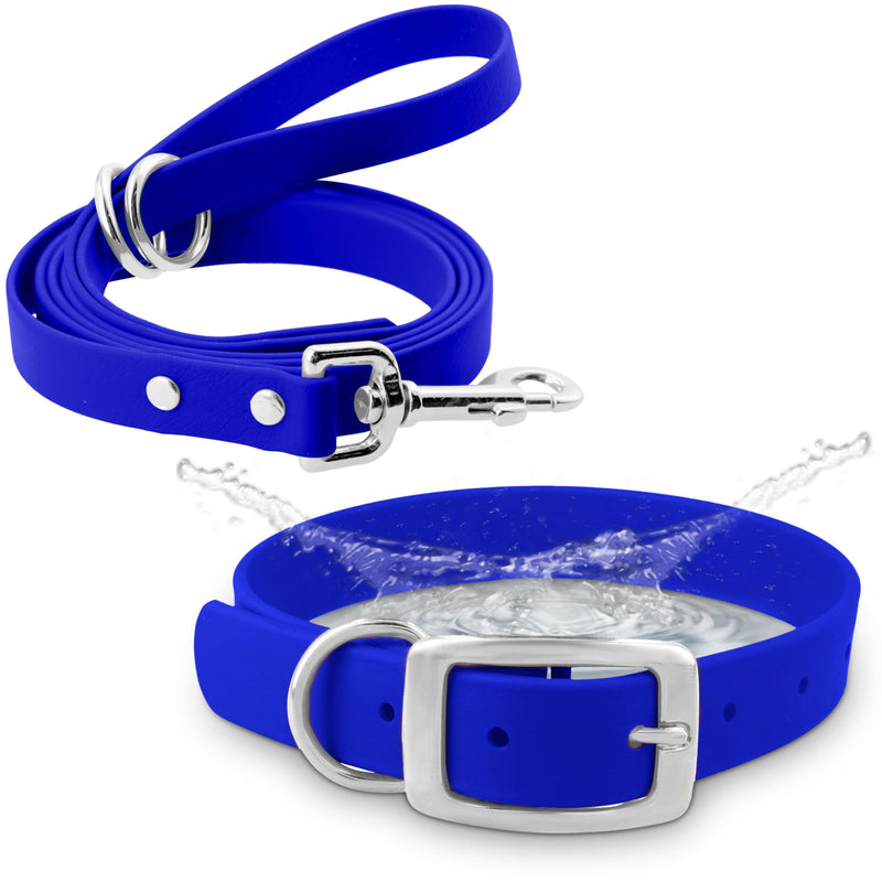 Regal Dog Products Large Blue Waterproof Dog Collar and Leash Set | Heavy Duty Double Buckle & D Ring - 5'ft Leash | Adjustable Biothane Dog Collar | Chew Resistant Waterproof Collar for Dogs Large Collar & Leash