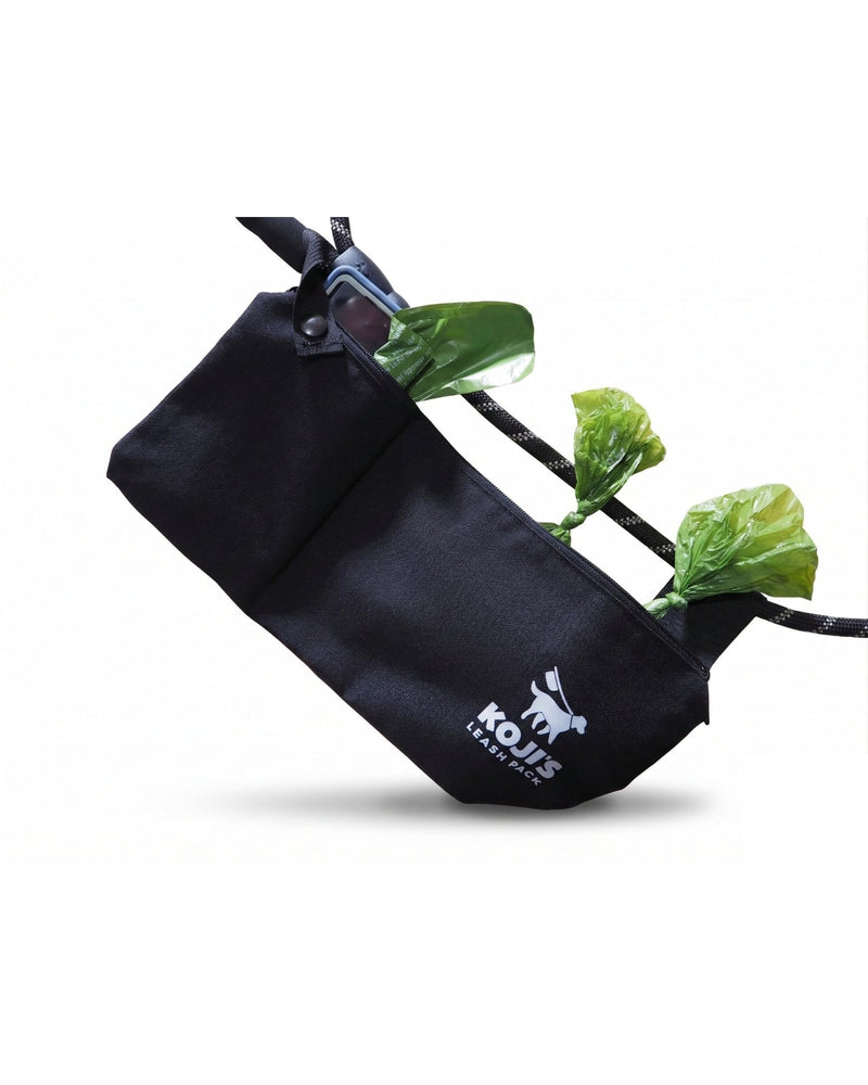 Koji's Leash Pack with Zippers | Hands-Free Dog Waste Carrier & Organizer | Anti-Swing Hammock Pouch for Used Poop Bags, Phone, & Keys | Secure Attachment for Running, Hiking & Walking (Made in USA) Black - PawsPlanet Australia