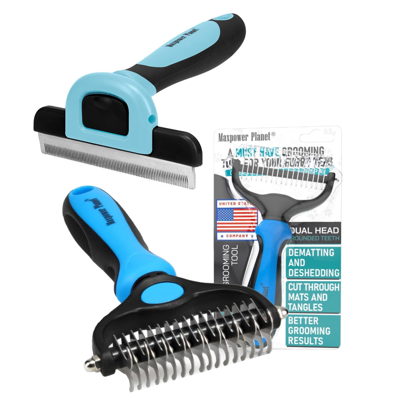 Maxpower Planet Dog Grooming Rake and Blue Deshedding Tool - Double-Sided Dermatting Brush and Grooming Brush for Pets - PawsPlanet Australia