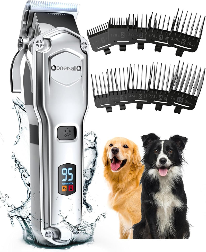 oneisall Dog Clippers for Grooming for Thick Heavy Coats/Low Noise Rechargeable Cordless Pet Shaver with Stainless Steel Blade/Waterproof Dog Shaver for Dogs Pets and Animals (Silver) Silver