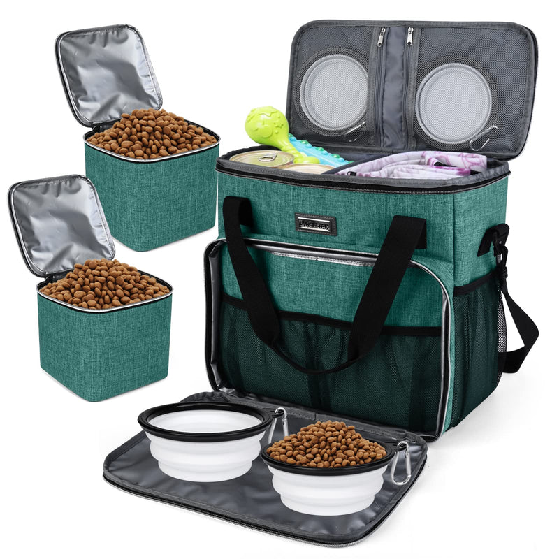 BAGLHER Pet Travel Set Airline-Approved Carrier for Small/Medium Cats & Dogs + Travel Bag with Food Containers & Silicone Bowls, Grey & Green Medium - PawsPlanet Australia