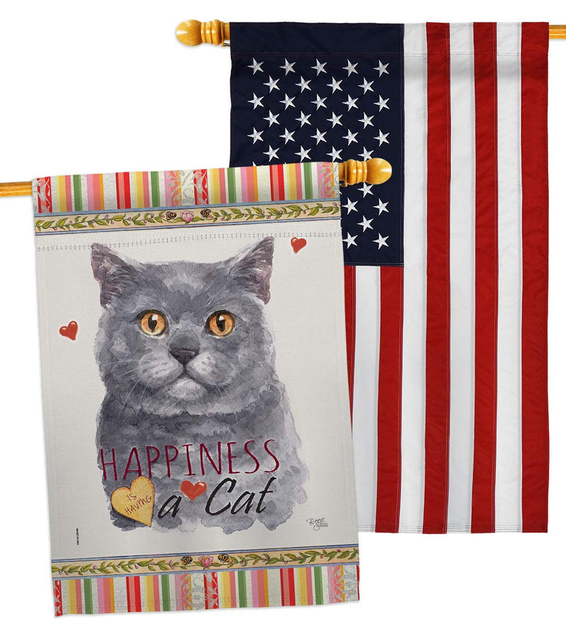 Breeze Decor Blue British Short Hair Happiness House Flag-Pack Cat Kitten Meow Spoiled Paw Fur Pet Nature Farm Animal Creature Embroidery Banner Small Garden Yard Gift Double-Sided, Made in USA - PawsPlanet Australia