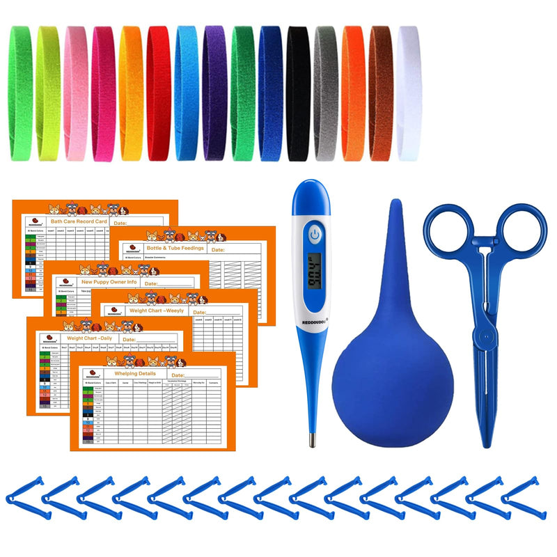 Puppy Kitten Whelping Kit, Newborn Dogs Cats Pet Whelping Kit with 6P Record Keeping Charts, 15P Pet ID Collars, 1P Aspirator Bulb, 15P Umbilical Cord Clip, 1P Hemostatic Forcep - PawsPlanet Australia