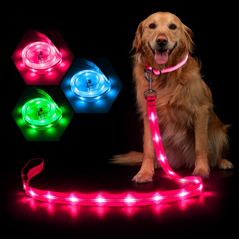 Weesiber Light Up Dog Leash, 4ft LED Dog Leash Rechargeable Puppy Lead Waterproof Safety Glow in The Dark Pet Lights for Night Walking (Pink) Pink - PawsPlanet Australia