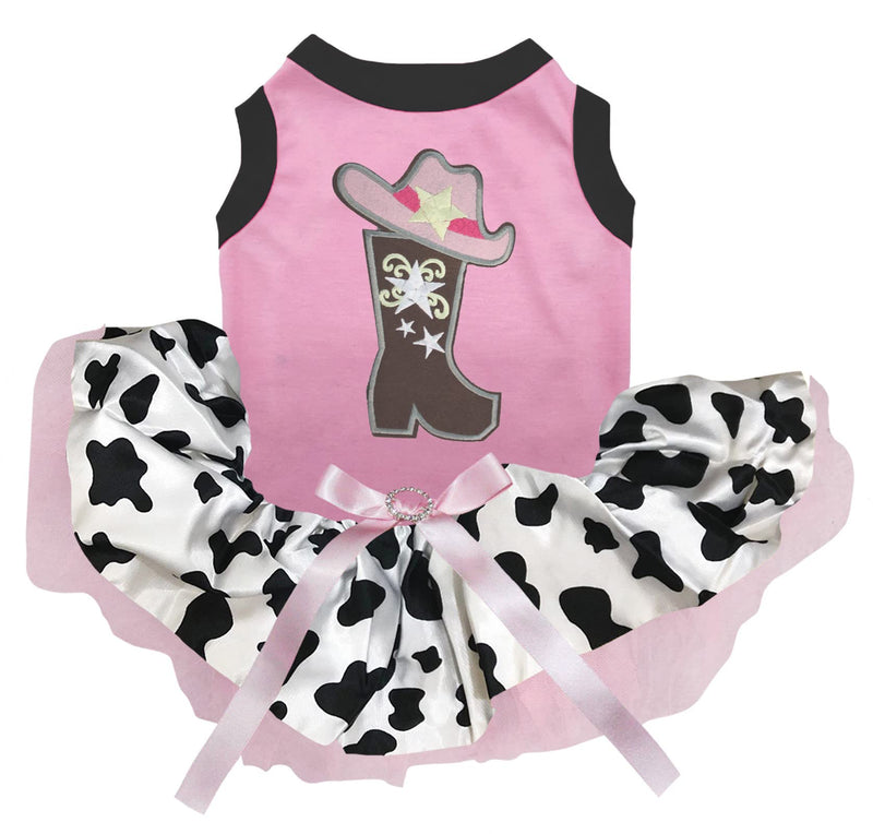 Petitebella Cowgirl Boot Hat Puppy Dog Dress (Pink/Cow, Small) Pink/Cow - PawsPlanet Australia