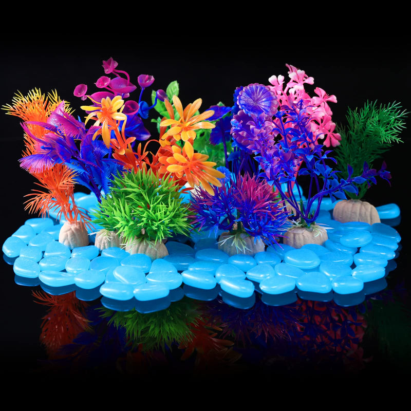 Jexine 100 Pcs Fish Tank Rocks Glow Blue, Fish Tank Stones Accessories Gravel with 10 Pack Artificial Aquatic Plants Fish Tank Plants Plastic Coral Reef Decorations for Aquariums - PawsPlanet Australia