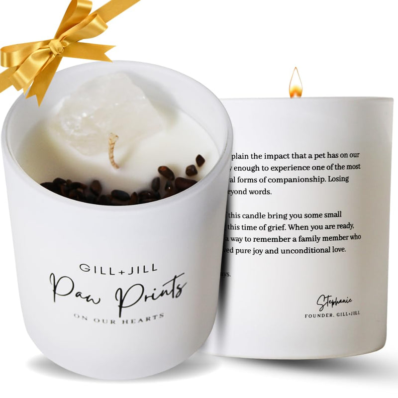 Paw Prints Pet Memorial Candle, Pet Loss Sympathy Gift, Cat Memorial, Rainbow Bridge Dog Memorial Gifts Paraffin-Free 100% Natural Soy Wax Blend with Clear Quartz, Tiger Eye and Coffee Beans - PawsPlanet Australia