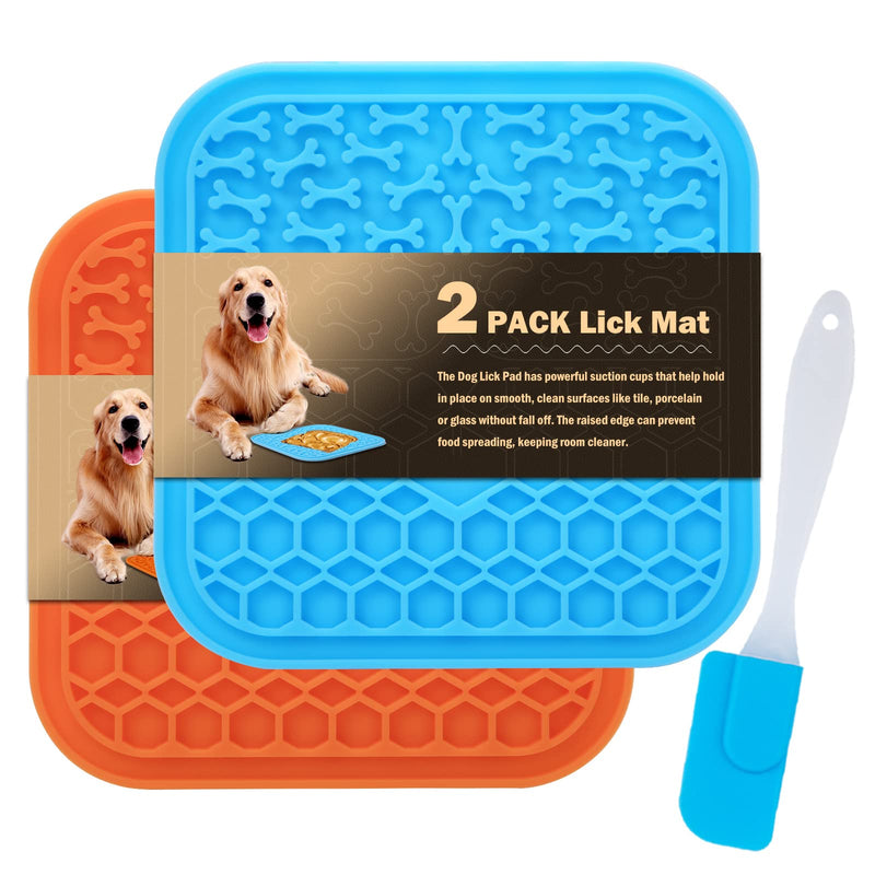 Lick Mat for Dogs Slow Feeder Licking Mat Anxiety Relief Lick Pad with Suction Cups for Peanut Butter Food Treats Yogurt, Pets Bathing Grooming Training Calming Mat - 2 Pack Small 2PCS Blue+Orange - PawsPlanet Australia
