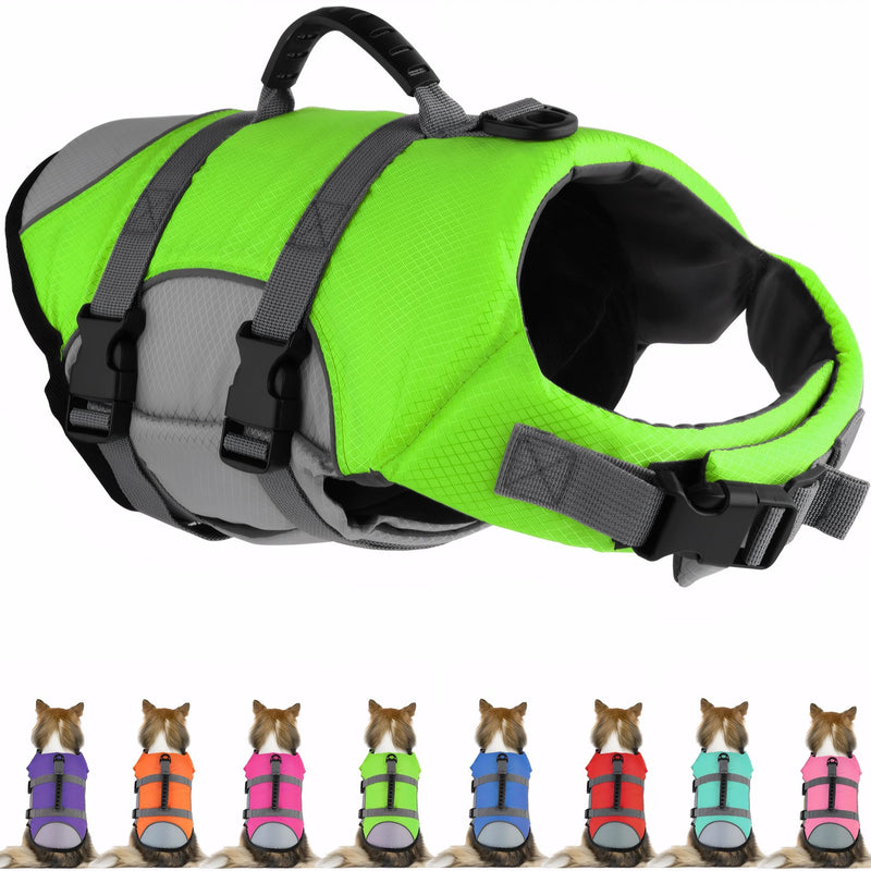 Mklhgty Dog Life Jacket, Reflective Adjustable Dog Life Vest with Rescue Handle for Swimming and Boating, Ripstop Pet Safety Life Preserver for Small, Medium and Large Dogs Green X-Small - PawsPlanet Australia