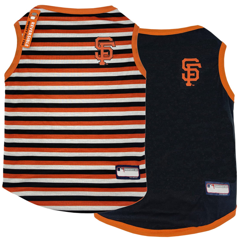 Pets First MLB SAN Francisco Giants Reversible T-Shirt,Medium for Dogs & Cats.with The Team Logo Comes with 2 Designs,Stripe Tee Shirt on one Side,Solid Design on The Other Side,Team Color,SFG-4158-MD Medium SAN FRANCISCO GIANTS REVERSIBLE TEE - PawsPlanet Australia