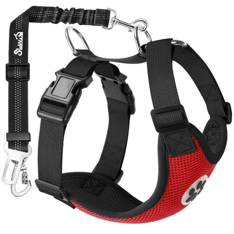SlowTon Dog Seat Belt Harness for Car, Dog Car Harness Adjustable Mesh Breathable & Dog Seatbelt Safety Tether with Elastic Bungee for Small Medium Large Pets(Red, Double Clip, M) B-Red - PawsPlanet Australia
