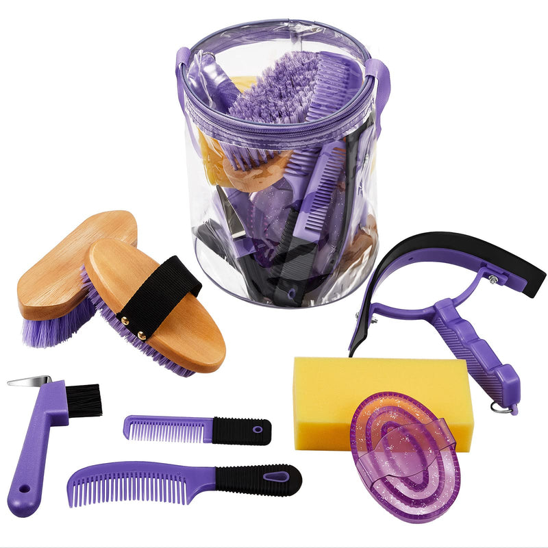 Cunhill 9 Pcs Horse Grooming Kit Tack Room Supplies Set with Tote Bag, Oval Massage Curry, Hard and Soft Brush, Hoof Pick, Sweat Scraper, Bathing Sponge, Comb for Horse Rider(Cute,Purple) Cute Purple