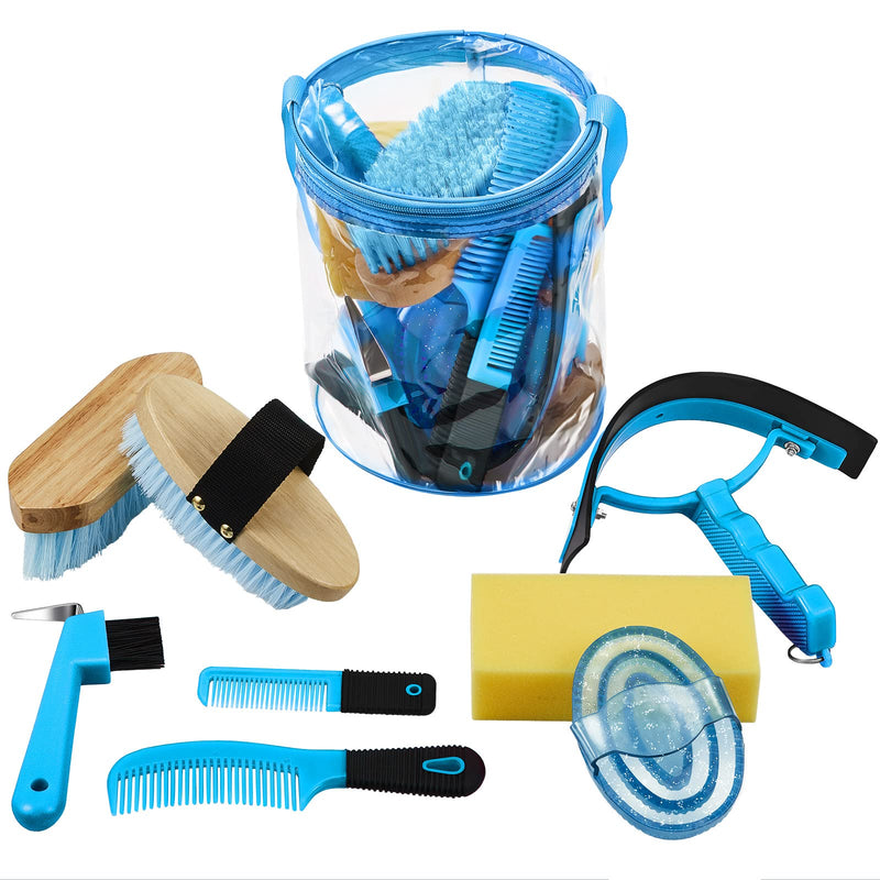 Cunhill 9 Pcs Horse Grooming Kit Tack Room Supplies Set with Tote Bag, Oval Massage Curry, Hard and Soft Brush, Hoof Pick, Sweat Scraper, Bathing Sponge, Comb for Horse Rider(Cute,Blue) Cute Blue