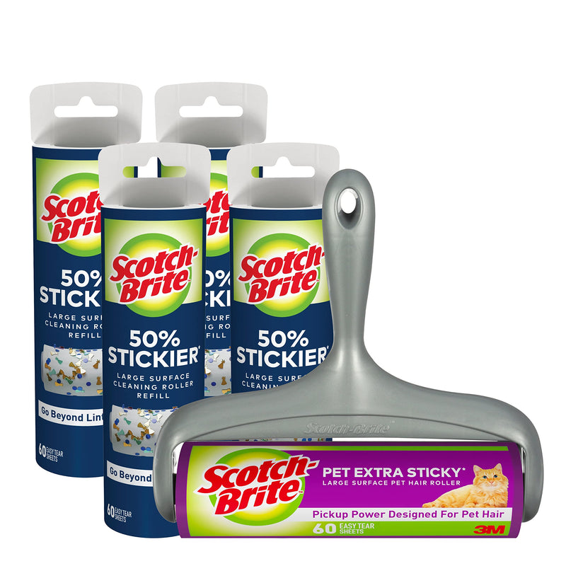 Scotch-Brite Pet Extra Sticky Large Surface Roller, Designed for Pet Hair (60 Sheets) + Scotch-Brite 50% Stickier Large Surface Roller Refill, 60 Sheets (Pack of 4), 240 Sheets Total - PawsPlanet Australia