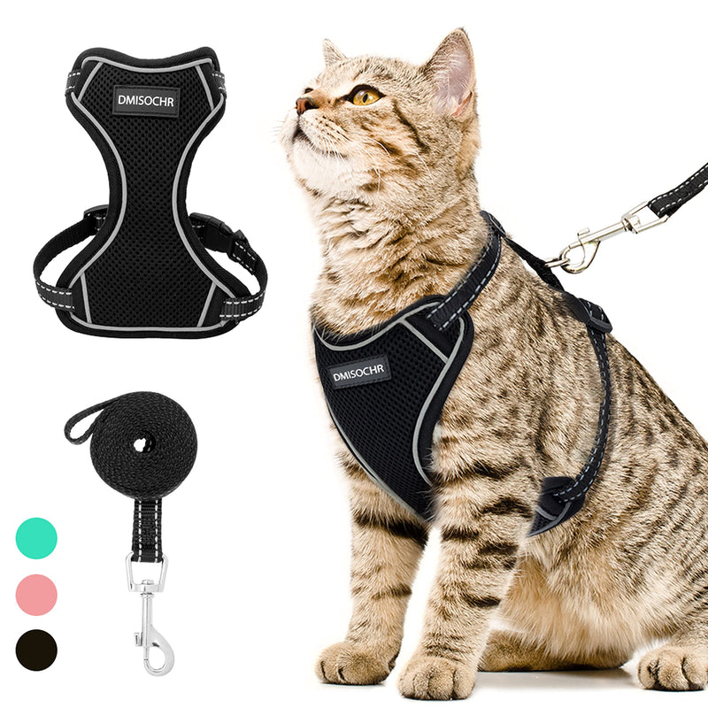 Cat Harness and Leash Set for Walking Escape Proof - Reflective Adjustable Cat Vest Harness for Small to Large Cat Puppy - Cute Black Mesh Breathable Soft Cat Full Body Harness S (neck:7"-11" chest:10.5"-16" ) - PawsPlanet Australia