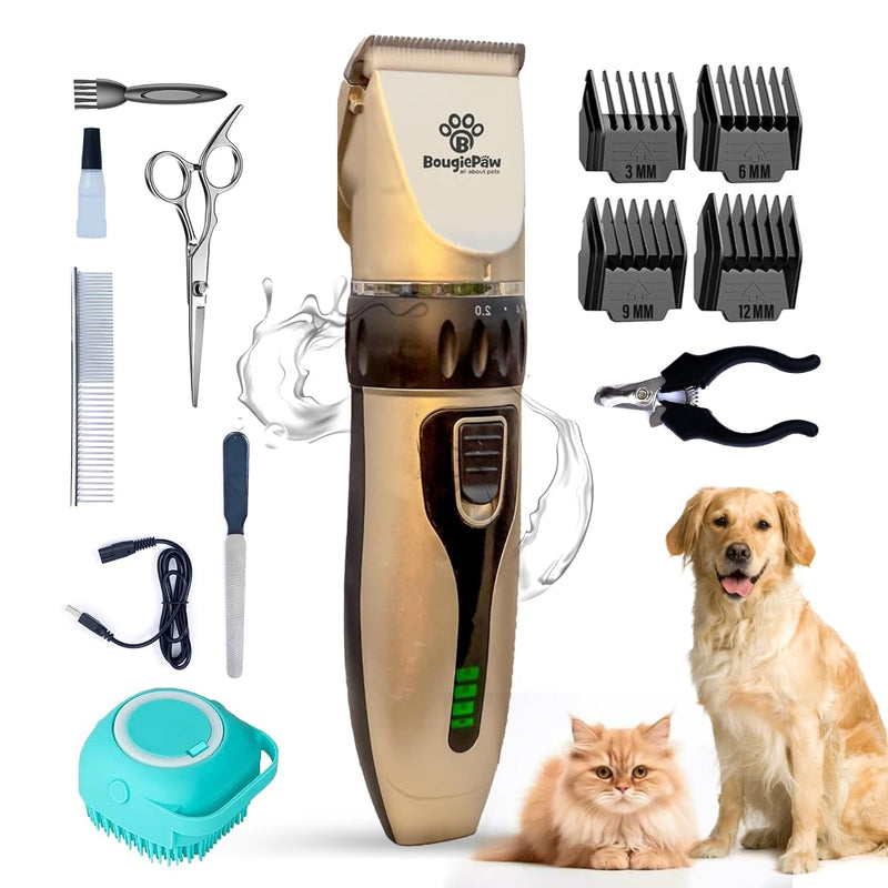 Dog Grooming Kit – Low Noise Cat & Dog Hair Trimmer with Pet Nail Cutter | Cordless Dog Clippers for Grooming Thick Coats with Bath Brush, & Shaver with Scissors for Dogs Cat Animal Gold With Led Display - PawsPlanet Australia