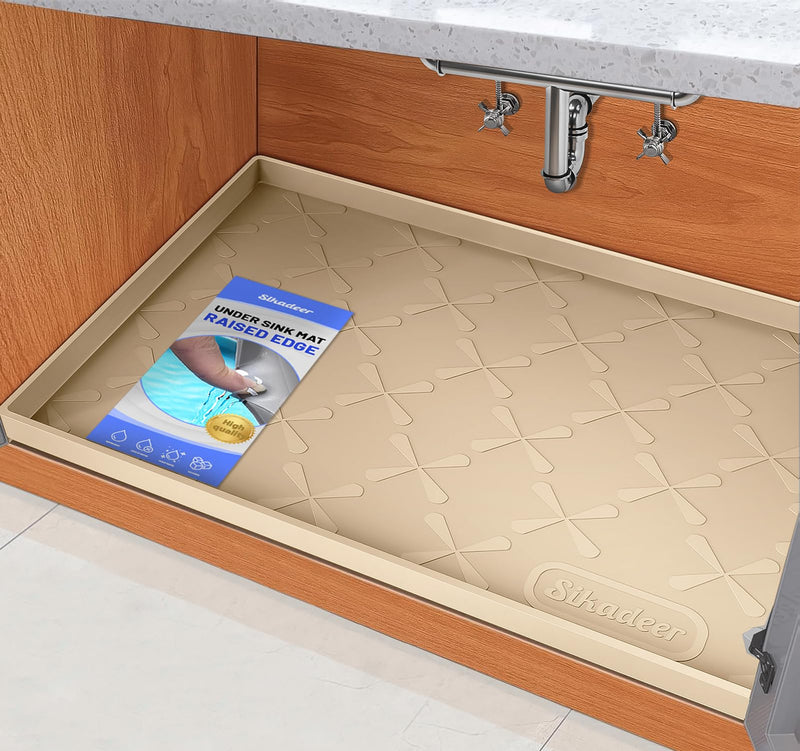 SIKADEER Silicone Under Sink Mats for Kitchen Waterproof 34" x 22", Raised Edge Cabinet Protector Shelf Liner, Bathroom Organizers and Storage Boot Tray Pet Mat Beige 34"W x 22"L - PawsPlanet Australia