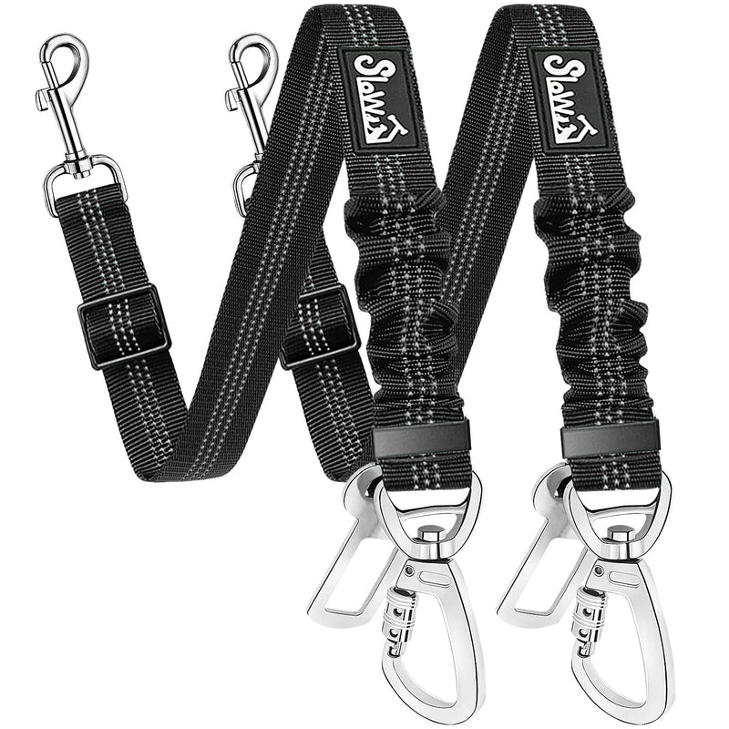 SlowTon Dog Seatbelt, 2 Pack Dog Seat Belt Car Leash Adjustable Elastic Bungee Buffer Heavy Duty Nylon Reflective Pet Safety Tether Connect to Dog Harness for Travel Riding in Vehicle (Daul Clip, B) Black Seatbelt Clip + Carabiner - PawsPlanet Australia