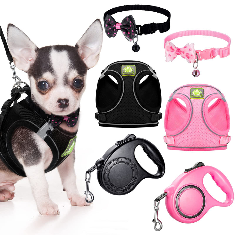 6 Pcs Small Dog Harness with Retractable Leash and Bowknot Pet Collar Set Soft Mesh Padded Vest Harness 10 FT Pet Walking Leash with Anti Slip Handle Adjustable Puppy Collar for Small Dog Cat S - PawsPlanet Australia