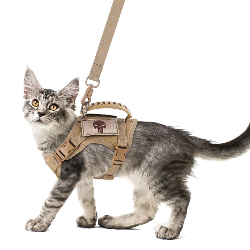 Tactical Cat Harness and Leash Set for Walking Escape Proof, Adjustable Large Cat Vest Harness with Molle Patches, Soft Mesh Padding, Rubber Handle Easy to Control Khaki - PawsPlanet Australia