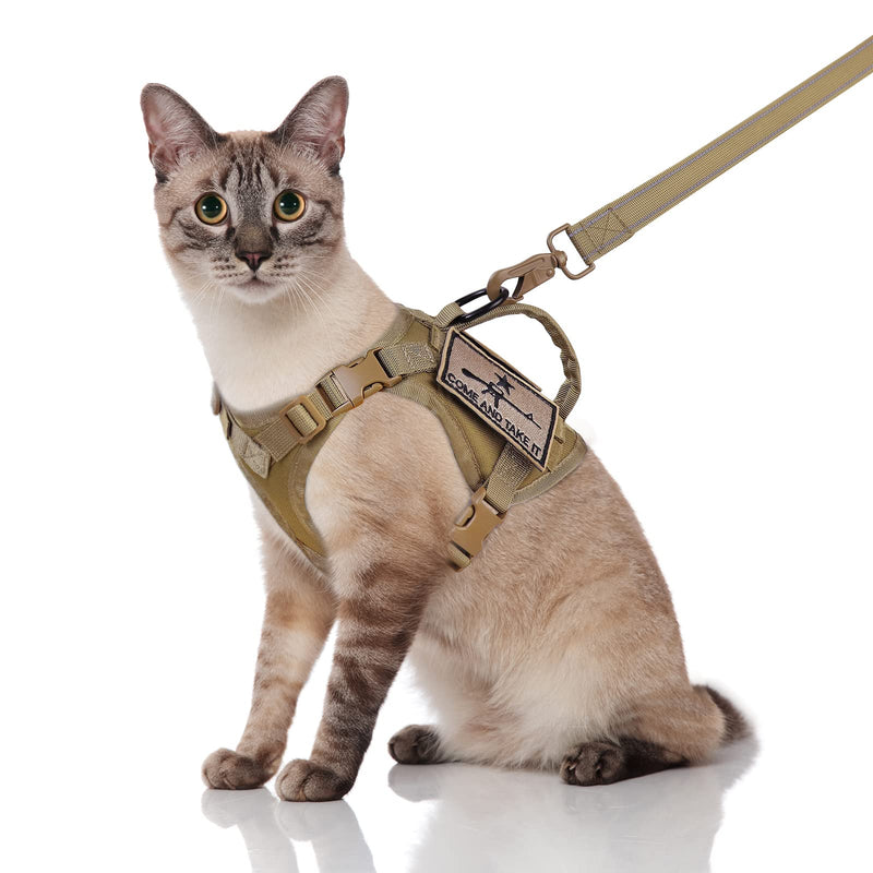 Tactical Cat Harness and Leash, Escape Proof Large Cat Walking Vest,Adjustable Soft Mesh Pet Vest Harness with Control Handle, Molle Patches Khaki - PawsPlanet Australia