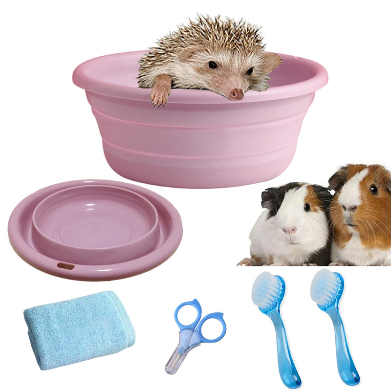 JSLZF Small Animal Grooming Kit - Foldable Bathtub, Nail Clippers, Bathing Brushes, Towel for Guinea Pigs & Hedgehogs Pink - PawsPlanet Australia