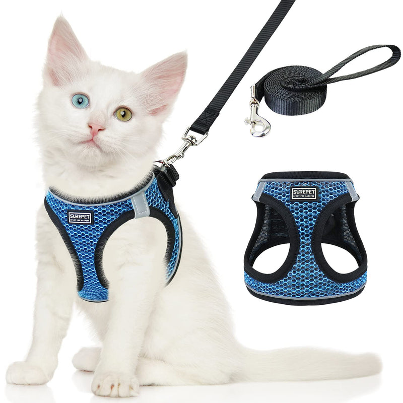 Cat Harness and Leash Set for Walking Escape Proof,Adjustable Soft Mesh Kittens Harness Vest with Reflective Strip for Small Cats,Easy to Control S Blue - PawsPlanet Australia