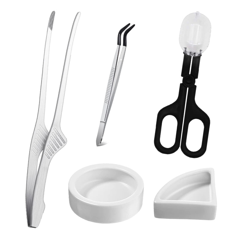 Woyrise 5Pcs Reptile Feeding Set, Long and Wide Handle Rubber Tipped Tweezers Bug Scooper Cricket Tongs Terrarium Worm Feeding Water Dish for Bearded dragon, Lizard Gecko Spider and Snakes - PawsPlanet Australia