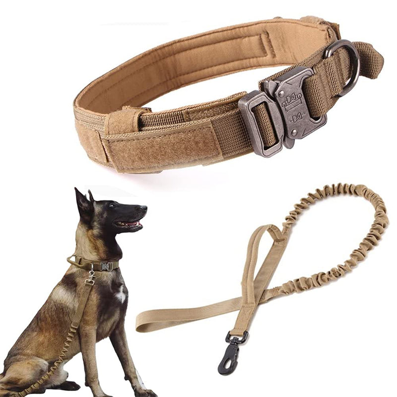 Tactical Dog Collar and Leash Set Tactical Dog Collar with Handle Bungee Leash Adjustable Military Training Nylon Collar Dog Training Collar Leash Set with Control Handleand Metal Buckle （Brown L Large (Pack of 1) Brown SET(collar+leash)