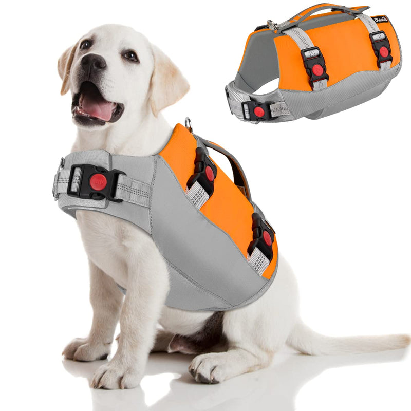 SlowTon Dog Life Jacket, Adjustable Ripstop Dog Life Vest with One Piece Belly Support Superior Buoyancy, Skin-Friendly Neoprene Pet Safety Flotation Vest for Swimming Boating Pool Beach(Orange,M) Medium Grey & Orange - PawsPlanet Australia