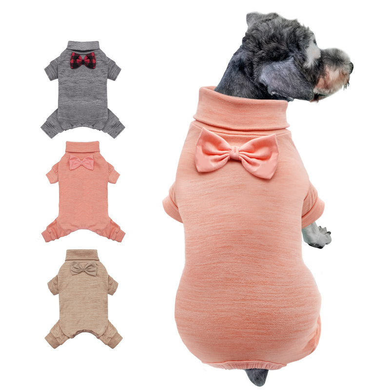 KYEESE Dog Pajamas Turtleneck Stretchy Dog Pjs Super Soft Velvet Material Dog Onesie Outfits with Bowtie Dog Cold Weather Coat Medium (7-11lbs) Pink - PawsPlanet Australia
