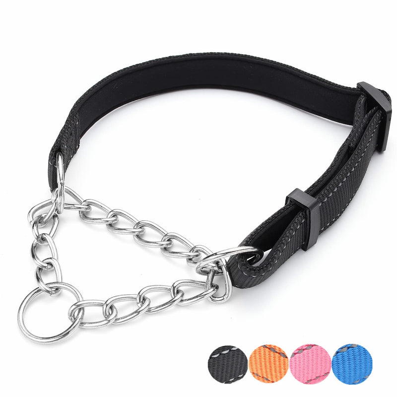 Martingale Dog Collars Adjustable Soft Nylon Reflective Collars with Stainless Steel Chain Walking Training Collars Heavy-Duty Puppy Chain Collars for Small,Medium,Large Dogs(Black,L) L-(dog's neck19-23inches) Black - PawsPlanet Australia