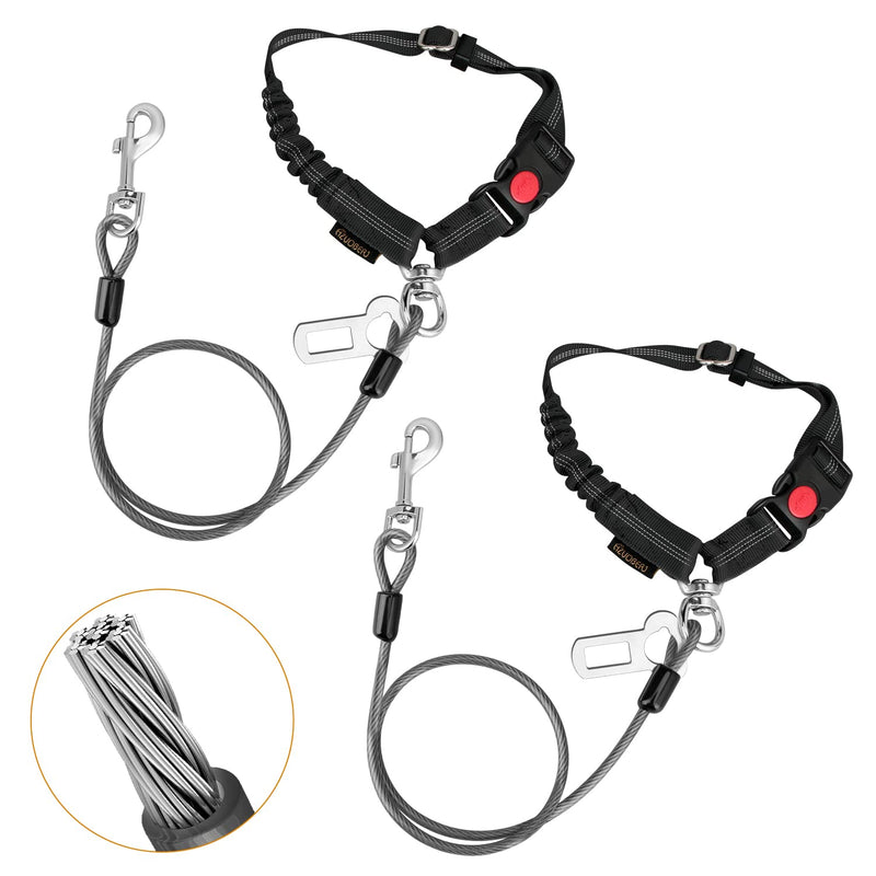 Chew Proof Dog Car Seat Belt, 2 in 1 Steel Cable Dog Car Accessories Headrest Restraint Doggie Car Seatbelt for Medium Large Dogs Chewer Heavy Duty Dog Seatbelts for Cars Swivel Attach Black 2 Pack - PawsPlanet Australia