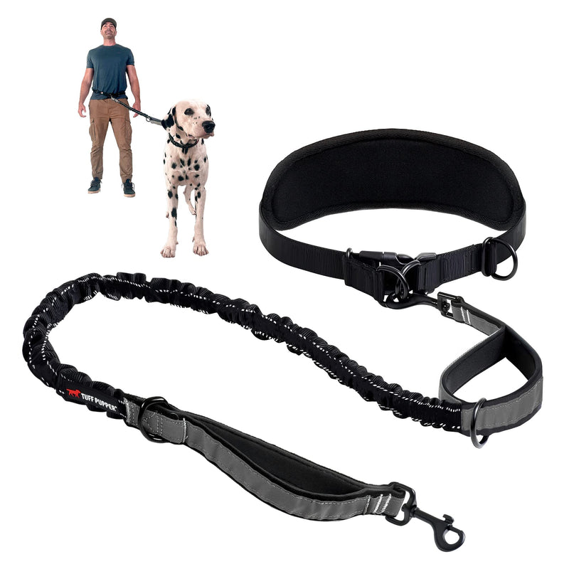 Tuff Pupper Heavy Duty Hands Free Dog Leash | One Large Dog Up to 125 lbs | Comfortable Shock Absorbing Bungee | Reflective Padded Handles | Lumbar Waist Belt 26-38" | Walking Jogging Running Leash One - Large Dog (45-125 pounds)