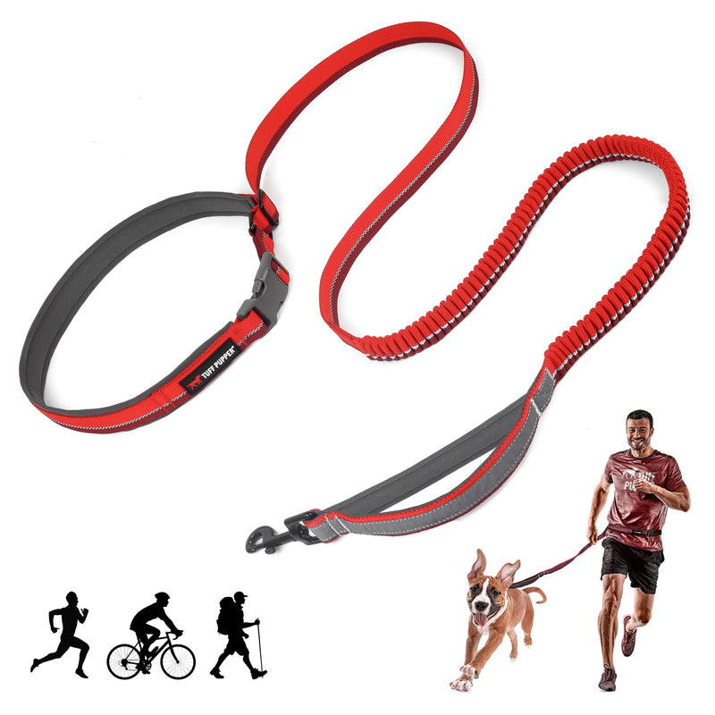 Tuff Pupper Hands Free Bungee Dog Leash | Lightweight for Running Jogging Walking | Adjustable Padded Waist Belt (24-50 inch) | Bungee Stretch 3 to 6 Feet | Strong Ballistic Nylon w/Reflective Strips Fiery Red
