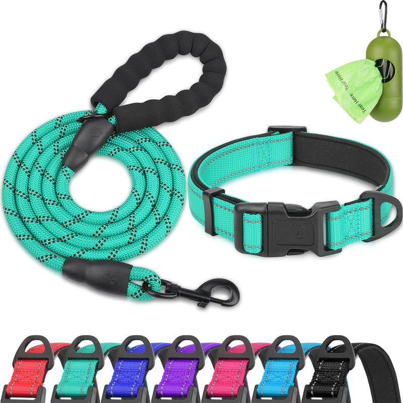 Dynmeow Reflective Dog Collar and Leash Set, 6FT Strong Climbing Rope Leash with Padded Handle, Adjustable Pet Collar with Soft Neoprene Padding for Medium Large Dogs, Teal, M Medium (Pack of 1) Teal, Climbing Rope