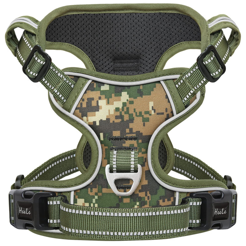 HEELE Dog Harness, No Pull Adjustable Padded Reflective Harness for Small Medium Large Dogs with Handle for Walking Training, Camo Green, M - PawsPlanet Australia