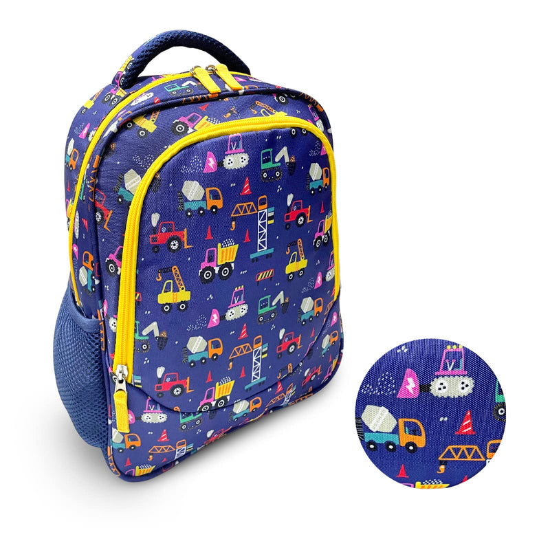 Toddler Backpack for Boys, Cute 13” Daycare PreSchool Kindergarten Elementary School Boy Backpacks, Water Bottle Pocket Holder, Insulated Padded Bags for Toddlers Kids Travel Bag, Blue Yellow Trucks - PawsPlanet Australia