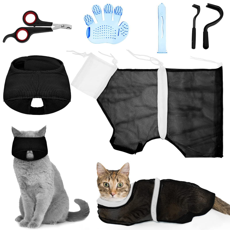 Patelai 5 Pcs Cat Bathing Bag Set Cat Grooming Bag Adjustable Pet Shower Net Bag Muzzles Nail Clipper Tick Remover Tool Massage Brush (Black White) Black White - PawsPlanet Australia